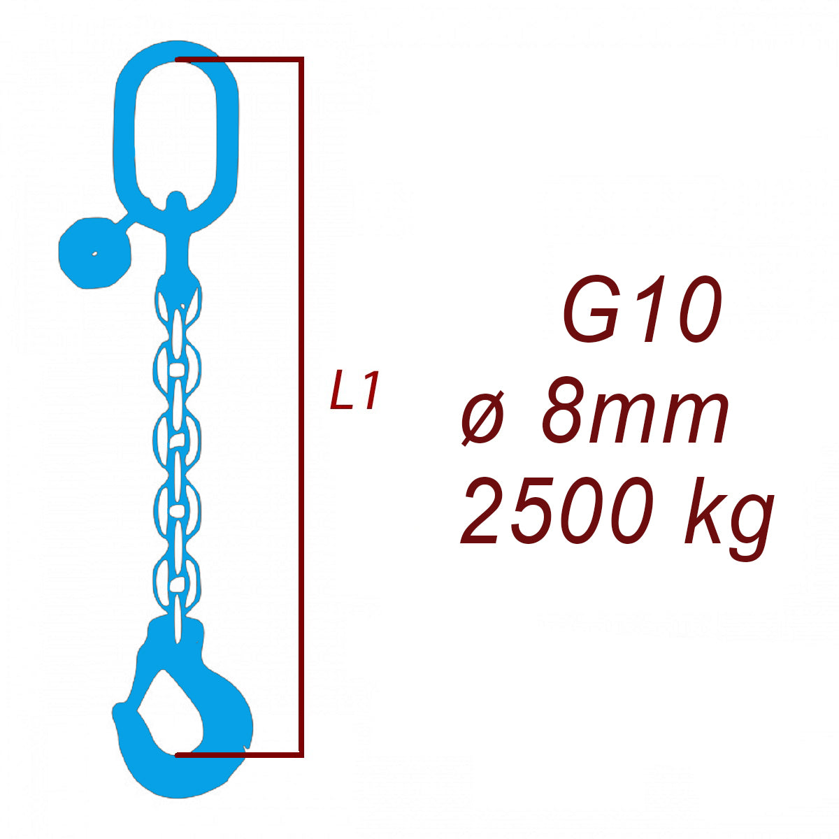 Vázací řetěz třídy 10, jednopramenný, oko-hák, průměr 8mm, nosnost 2500kg