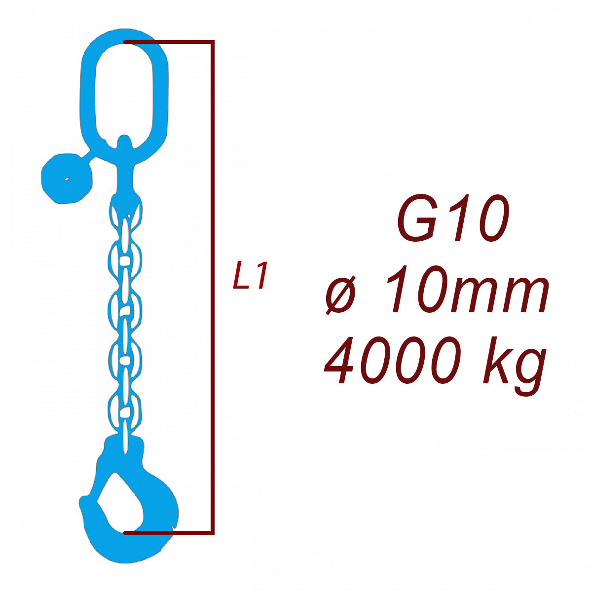 Vázací řetěz třídy 10, jednopramenný, oko-hák, průměr 10mm, nosnost 4000kg