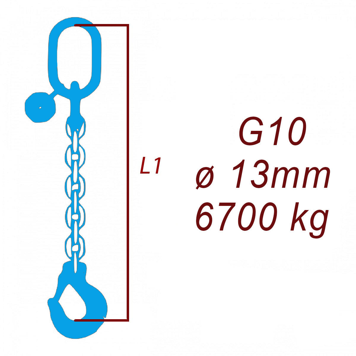 Vázací řetěz třídy 10, jednopramenný, oko-hák, průměr 13mm, nosnost 6700kg