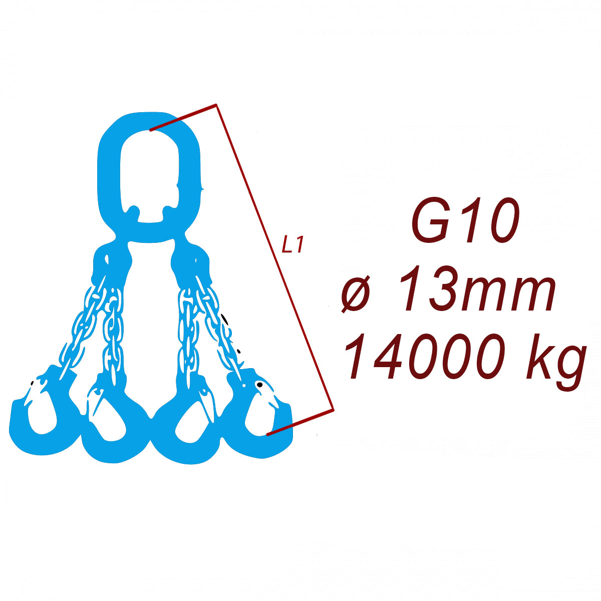 Vázací řetěz třídy 10, čtyřpramenný, oko-hák, průměr 13mm, nosnost 14000kg