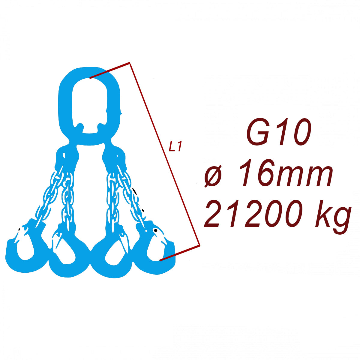 Vázací řetěz třídy 10, čtyřpramenný, oko-hák, průměr 16mm, nosnost 21200kg