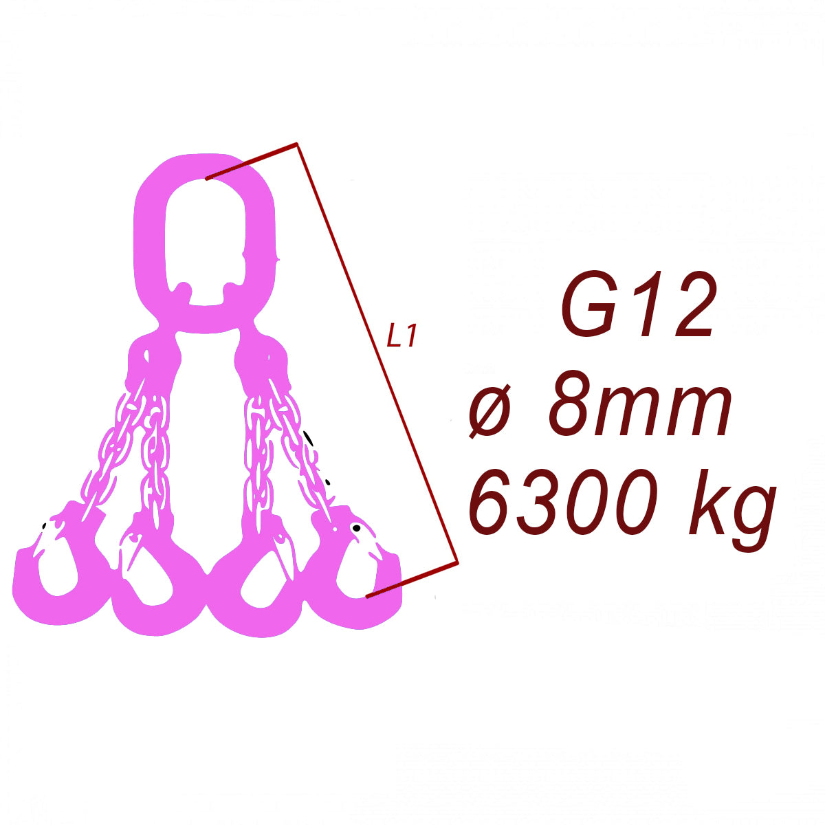 Vázací řetěz tř.12, čtyřpramenný, oko-hák, 8mm, nosnost 6300kg