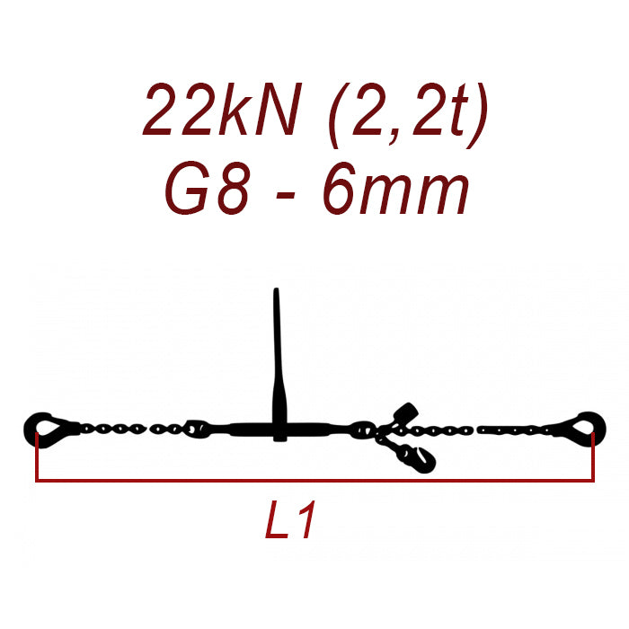 Přivazovací řetěz jednodílný s háky, třída 8, řetěz 6 mm, upínací síla 22kN