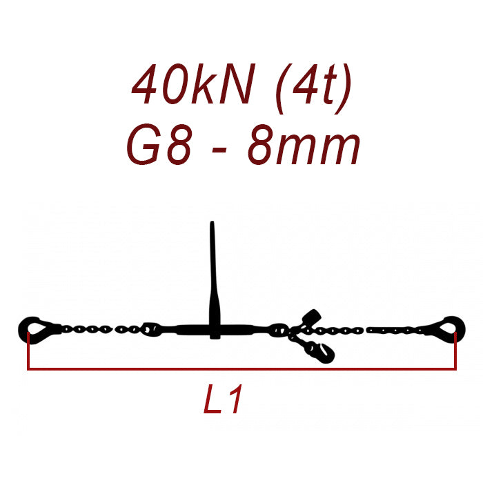 Přivazovací řetěz jednodílný s háky, třída 8, řetěz 8 mm, upínací síla 40kN