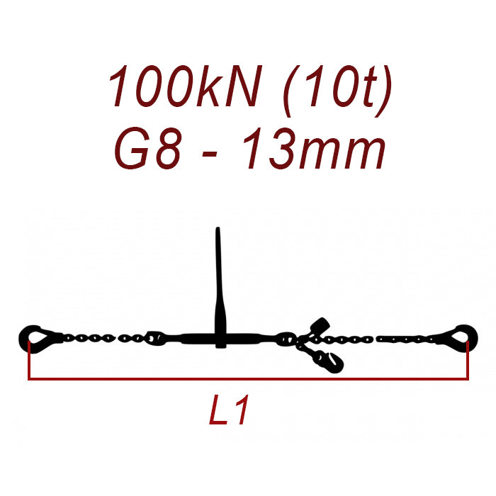 Přivazovací řetěz jednodílný s háky, třída 8, řetěz 13 mm, upínací síla 100kN