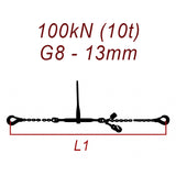 Přivazovací řetěz jednodílný s háky, třída 8, řetěz 13 mm, upínací síla 100kN