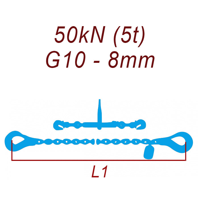 Přivazovací řetěz dvoudílný s háky, třída 10, řetěz 8 mm, upínací síla 50kN