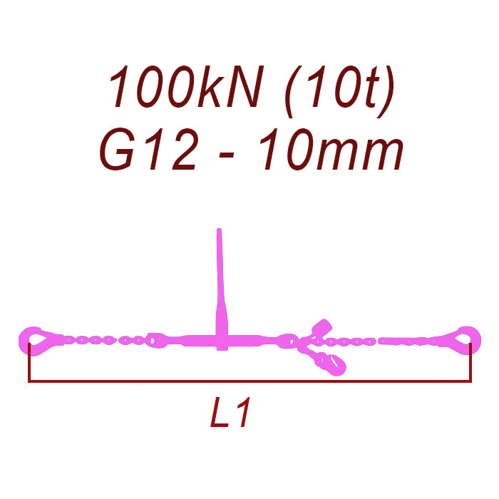 Přivazovací řetěz jednodílný s háky, třída 12, řetěz 10 mm, upínací síla 100kN