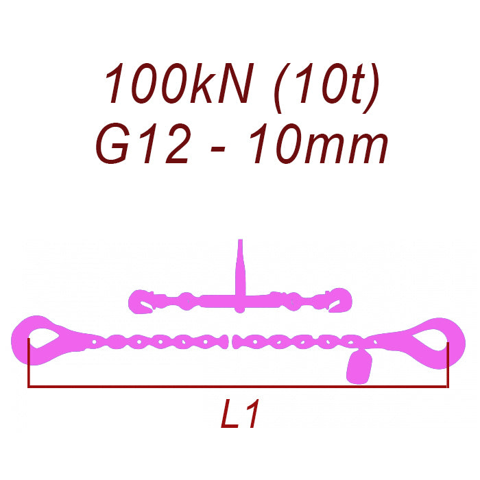Přivazovací řetěz dvoudílný s háky, třída 12, řetěz 10 mm, upínací síla 100kN