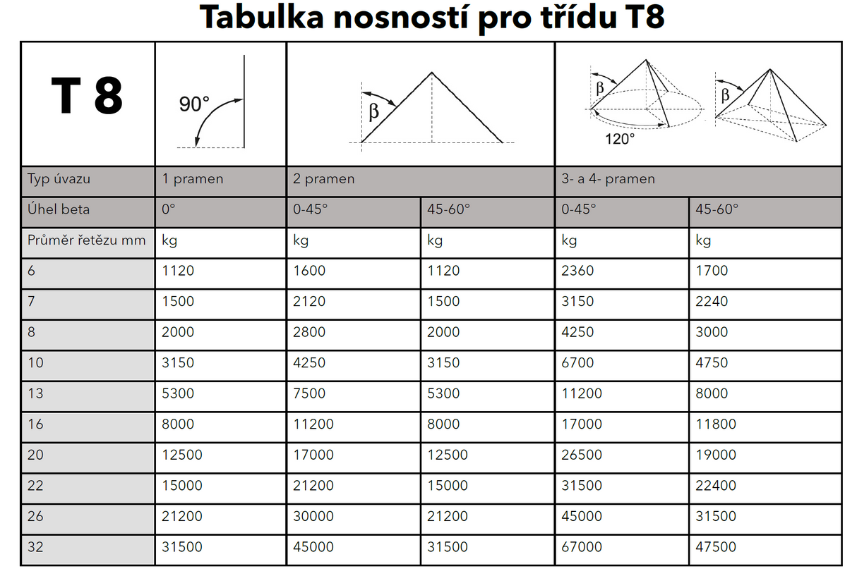 Vázací řetěz třídy 8 dvoupramenný, oko-hák, průměr 16mm, nosnost 11200kg